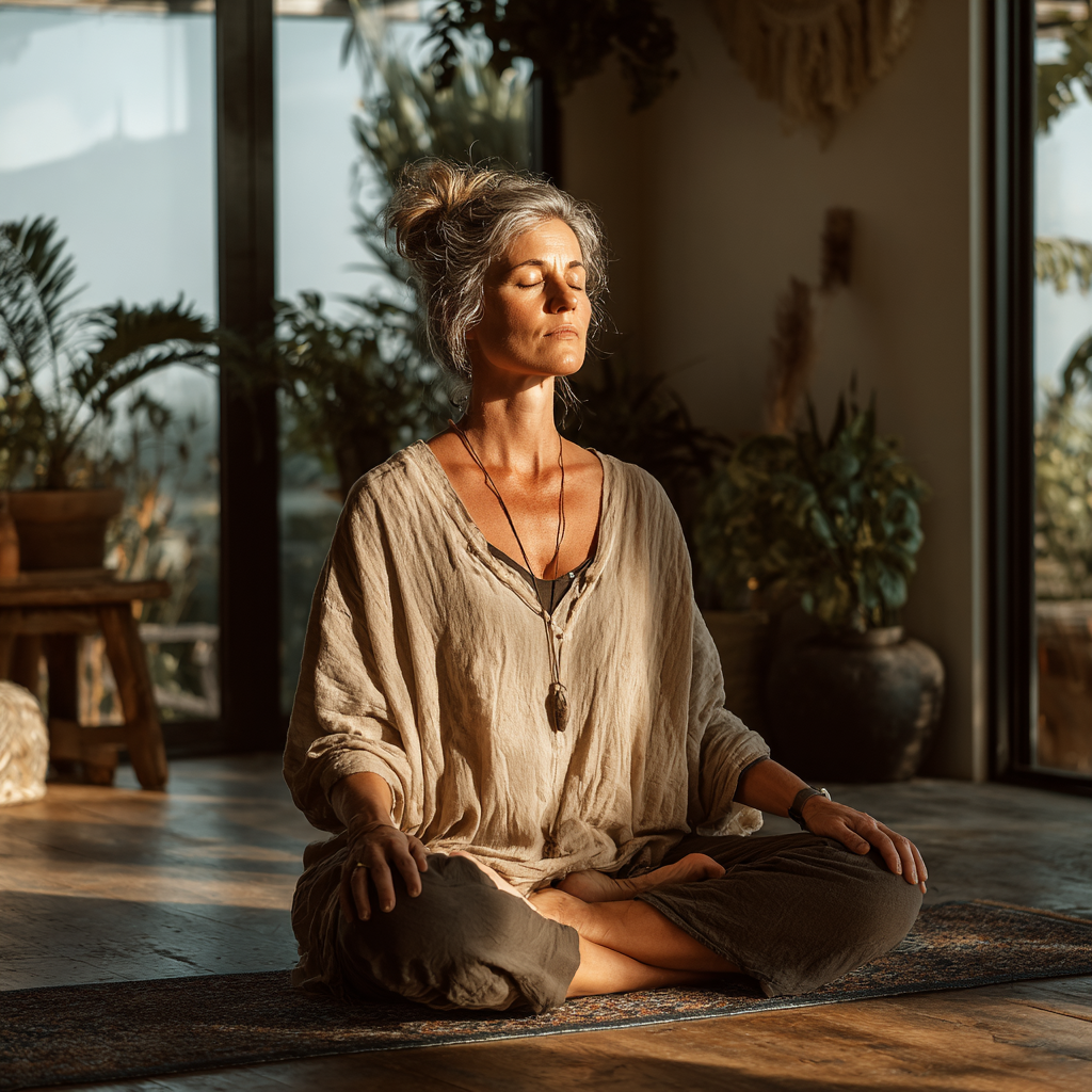 Middle-aged woman in her late 40s practicing yoga in a peaceful studio setting, sitting in a meditative lotus pose on a yoga mat, wearing comfortable earth-toned clothing, with soft natural lighting streaming through large windows, surrounded by plants and minimal decor, showing a serene expression of inner peace and mindfulness